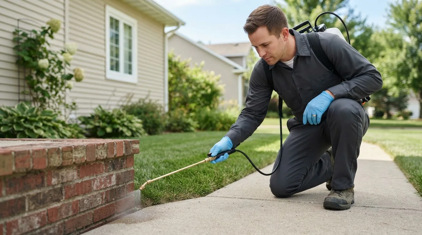 Pest control technician treating a home near Pequot Lakes, MN